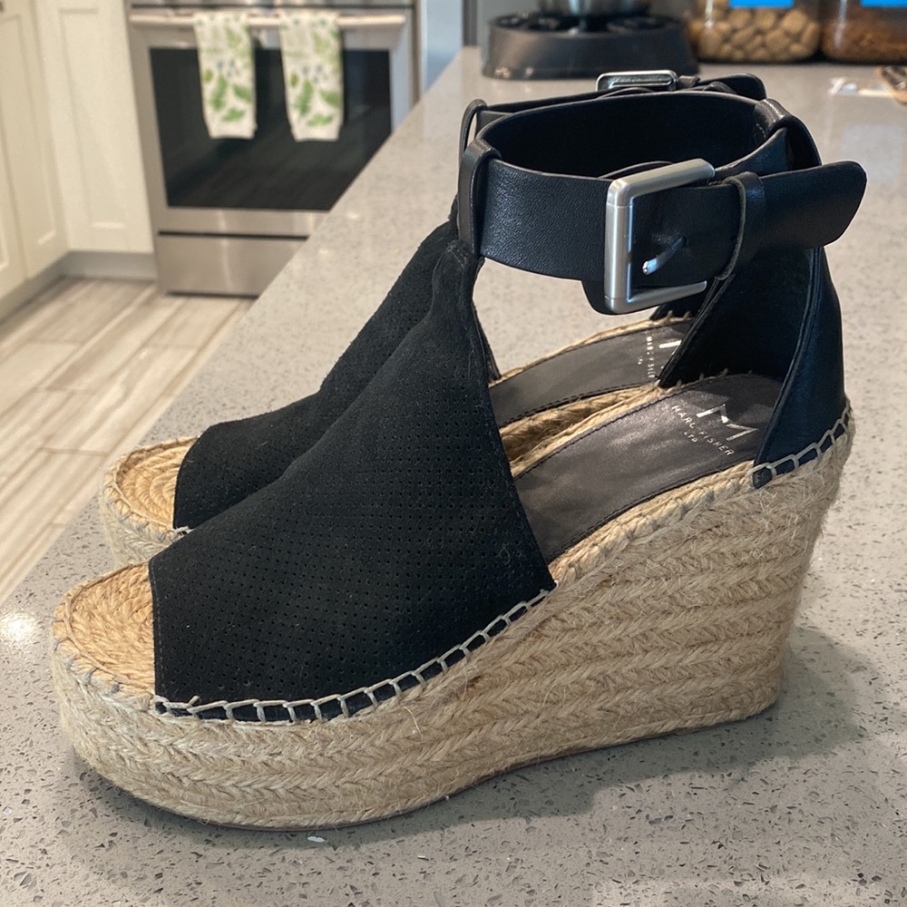 Marc Fisher Black Suede Espadrille Wedge Sandals - Picture 2 of 8